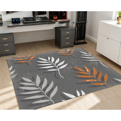 Tapis botanique moderne à feuilles grises foncées, motif de feuillage frais orange blanc, tapis de sol antidérapant doux, durable et lavable à la machine, décoration intérieure élégante pour le salon, la chambre à coucher, le dortoir, un appartement