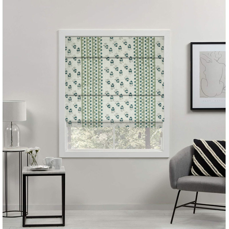 Fabdivine Handmade 100% Blackout Pure Linen Roman Shade, Green or Brown Block Print Floral Blinds for Windows, Ideal for French Doors, Living or Bedrooms, Hall, Linen Fabric, Mountain Moon