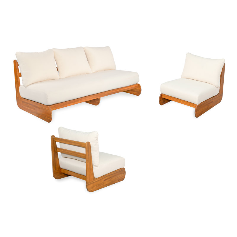 Noeleen Outdoor 3-Piece Acacia Wood Conversation Set With Cushions (Table Not Included), Cream