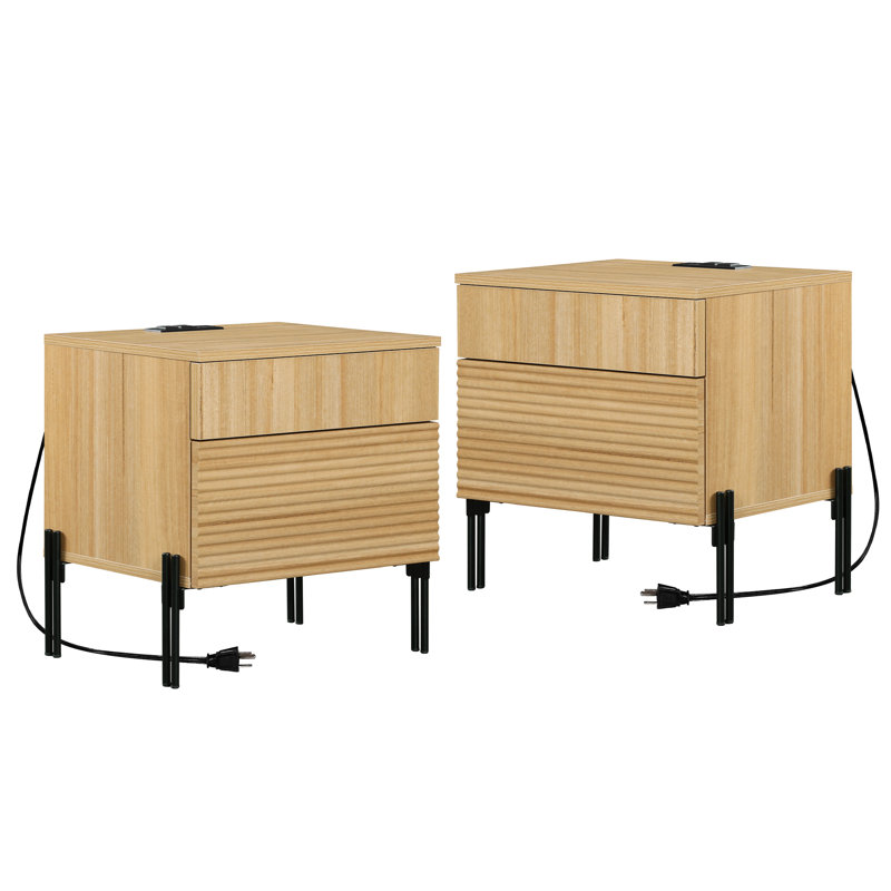 Modern Minimalist Nightstand Set Of 2, Reeded Wood End Table Set Of 2 With Built-In Charging Station For Bedroom, Living Room,Entryway
