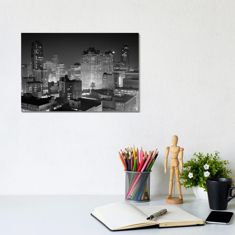 1954 Night Skyline Retail Business Area Detroit Michigan USA 1 Piece Wrapped Canvas Wall Art, 20.32 cm H x 30.48 cm W