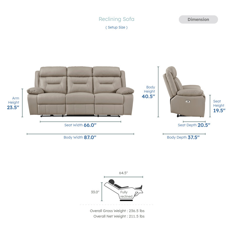 Ensemble de salon 3 pièces inclinable électrique et moderne Huskins avec revêtement en cuir de qualité supérieure, contrôle de l'alimentation à une touche et structure renforcée en métal durable