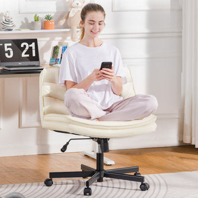 Criss Cross Chair With Wheels, Armless Wide Cross Legged Moisa Mid Back, Modern Home Office Desk Chair Swivel Adjustable Vanity Computer Chair by George Oliver