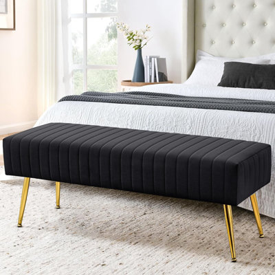 44 Inch Bedroom Bench, Upholstered Tufted Striped Fabric Ottoman Bench with X-Shaped Metal Legs -  Everly Quinn, ACC6C2A92A8E49929578FDAFD2CA680B