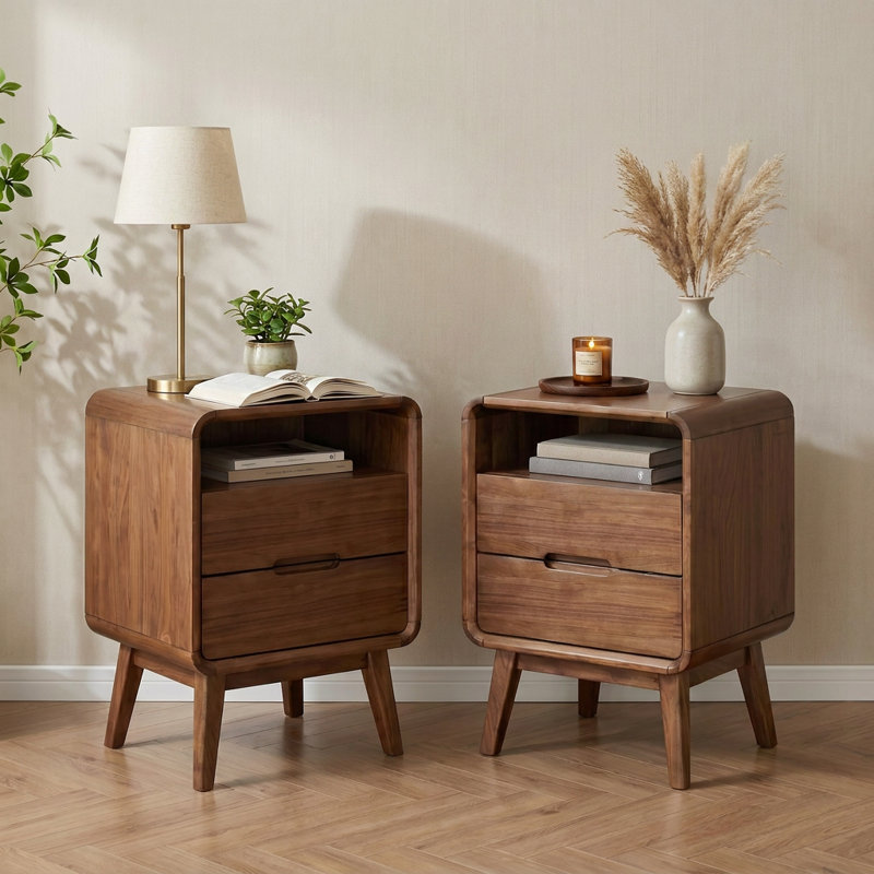 MCM Set of 2 Solid Wood Nightstand with 1 Drawer and Open Shelf, American Walnut