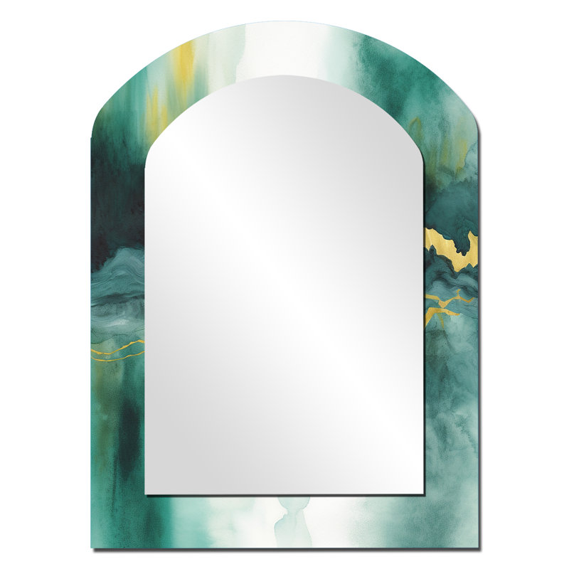 Blue Watercolor Impression with Gold VI - Fractals Arch Large Mirror, Modern Asymmetrical Unique Wall Mirror Decor, Printed Metal Art