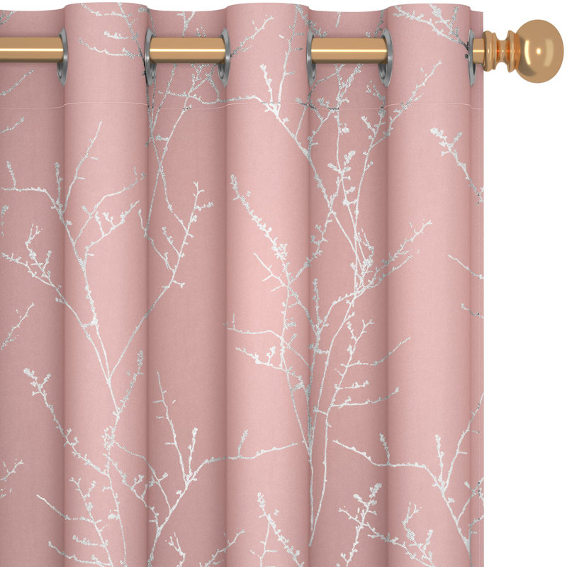 Silver Tree Branches Printed Pattern Blackout Grommet Curtains (Set Of 2), 42" W x 84" L, Light Beige