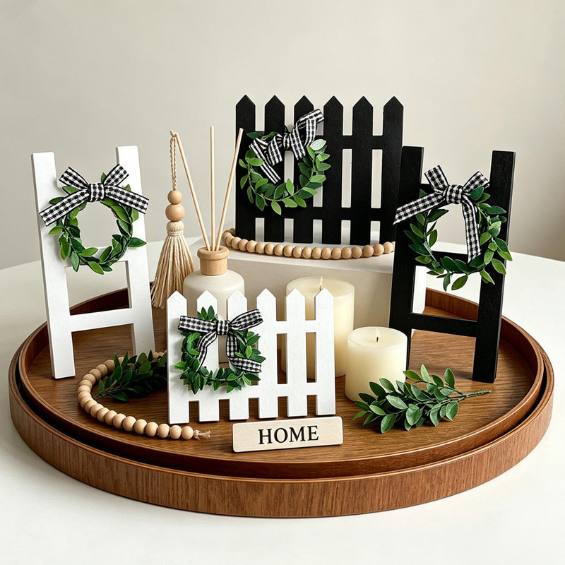 Ensemble de 4 mini décorations de clôture et échelle en bois de style campagnard avec couronne d'eucalyptus, plateau de table rustique noir et blanc (à l'exception des plateaux)