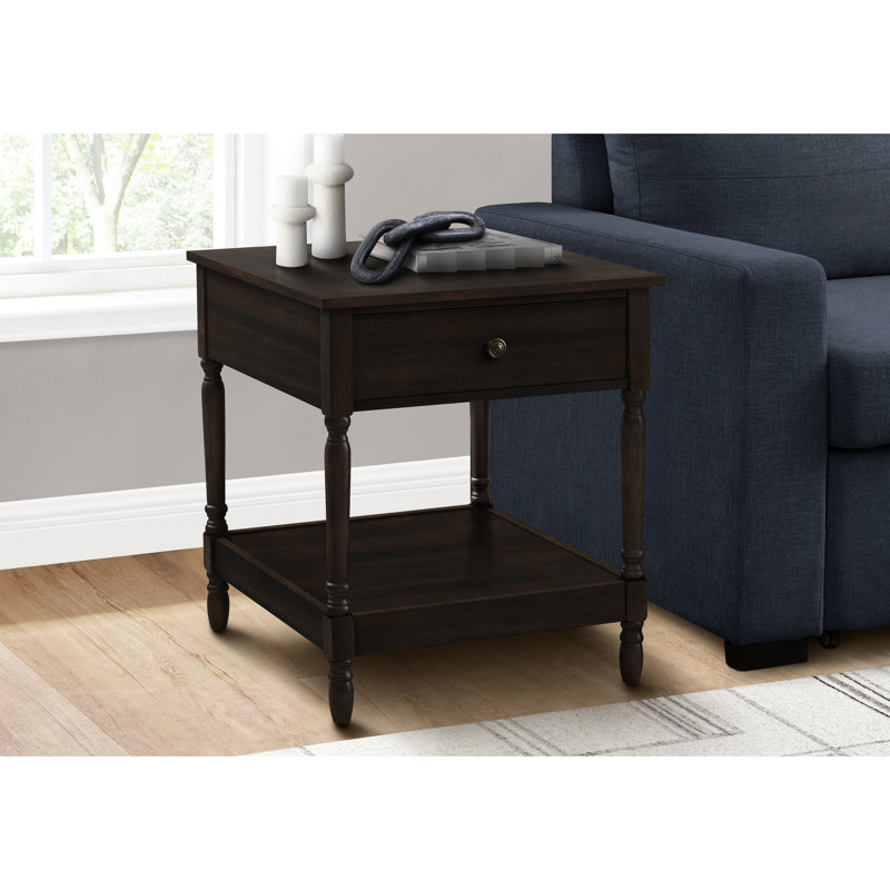 23,75 po Table d'appoint profonde avec placage brun pour la chambre à coucher et le salon, tiroir spacieux en noyer