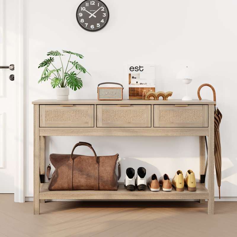 Natural Wood Console Table with Sisal Drawers and Open Shelf