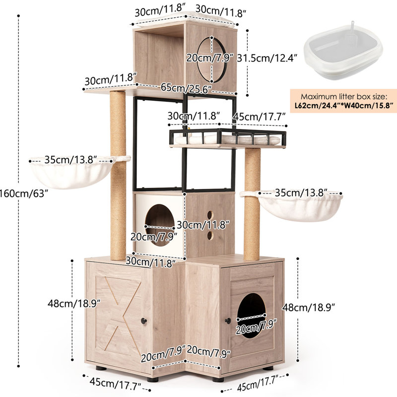 Arbre à chat avec litière, poteaux à griffer et porte-jouets