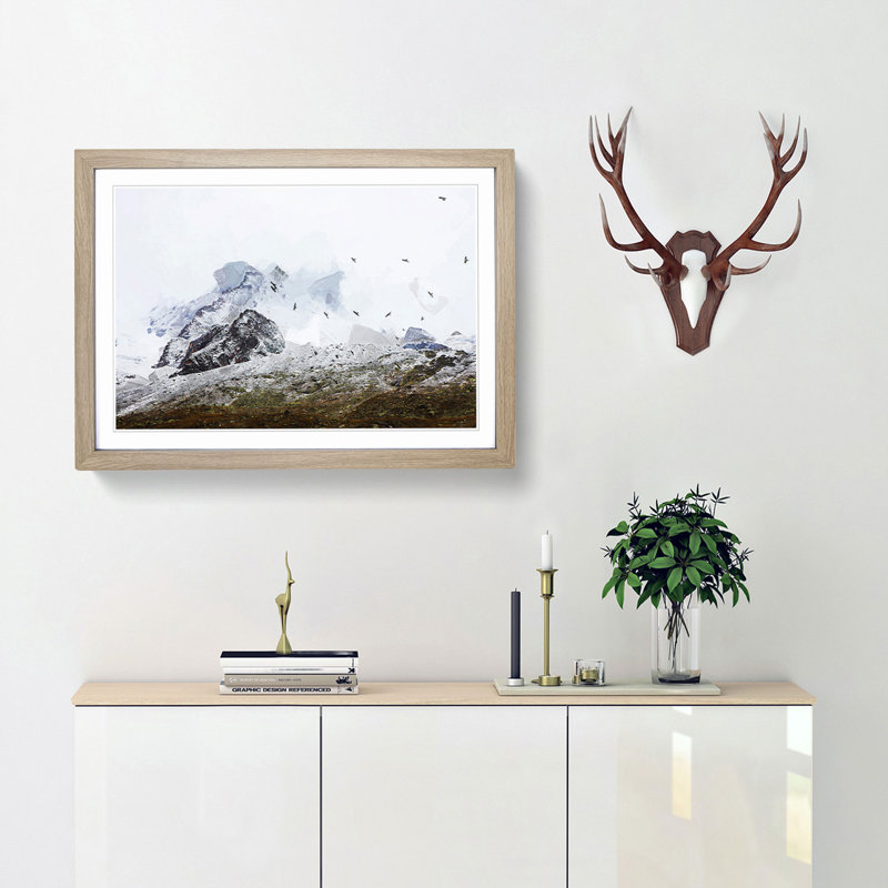 The Swiss Alps with a Flock of Birds in Abstract - Picture Frame Graphic Art Print, Oak, 40cm H x 60cm W x 2cm D