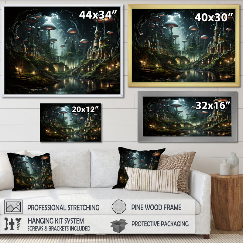Reproduction d'art sur toile, "Enchanted surréel champignon Haven", Cadre d'angle fermé noir, H 30 po x l 40 po x P 1,5 po