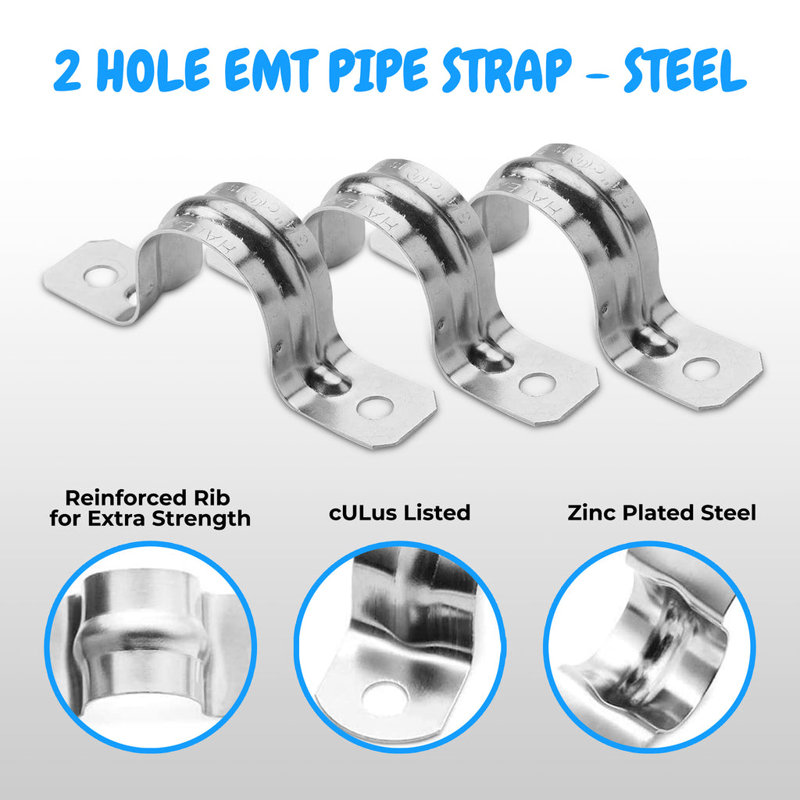 Sangles en acier zingué pour conduit EMT, 1/2 po, 2 trous - paquet de 100