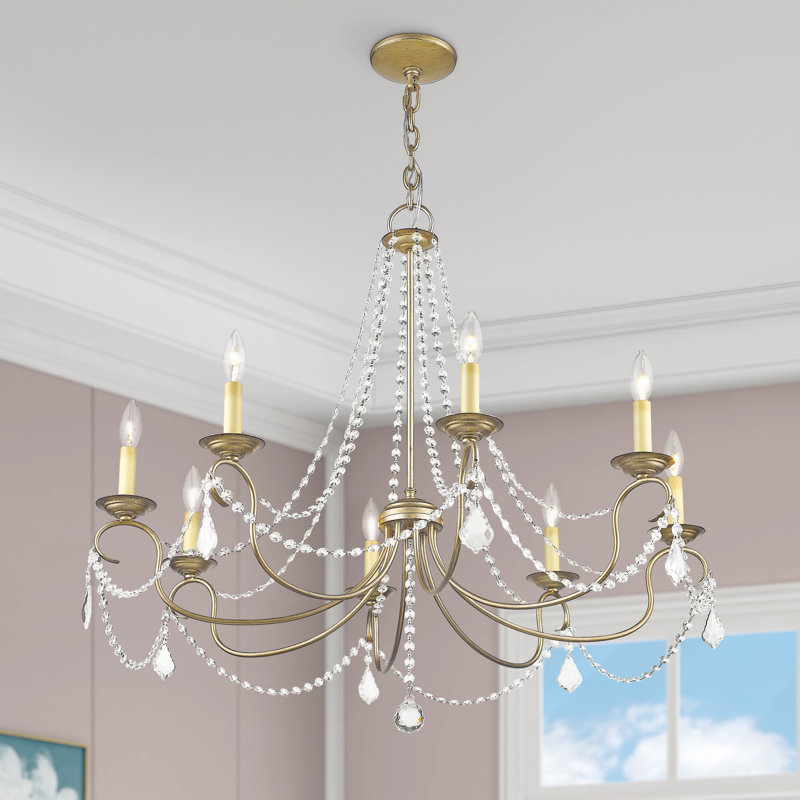 Lustre classique à 8 lumières de style bougie avec détails en cristal Fabio, Feuille d’argent antique