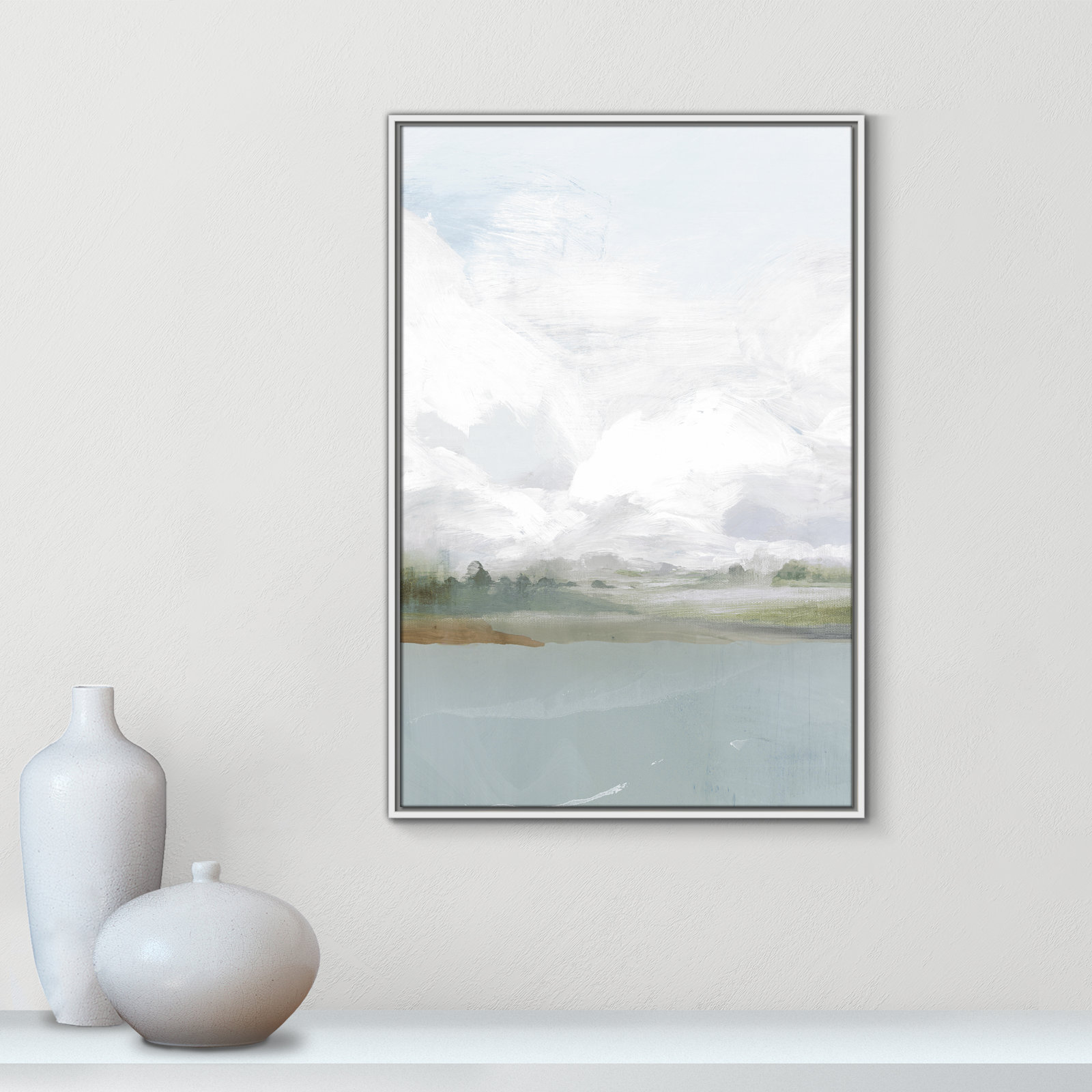 All Shore Watercolor Canvas Painting Print with Wood Floater Frame , 37.5" H x 25.5" W, White