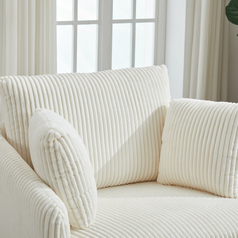 Upholstered Swivel Chair With 2 Side Pillows, Ivory Corduroy