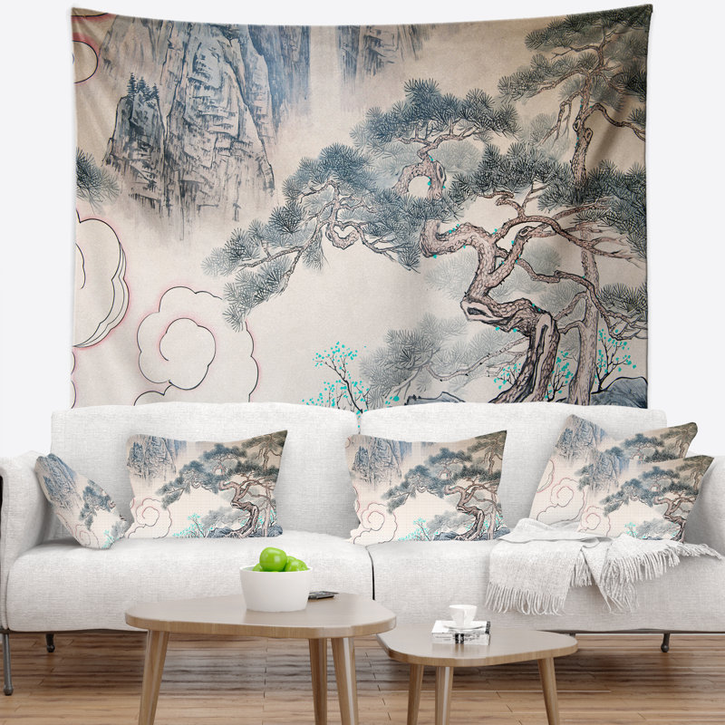 Tapisserie art floral bleu chinois, H 68 po x l 80 po