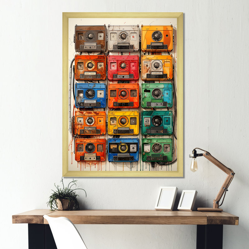 Dessin schématique d'une cassette I sur toile, Cadre doré simple, H 20 po x l 12 po x P 1 po