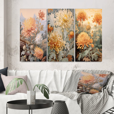 «Blooming White Orange Orange», art mural 3 pièces Wildflowers