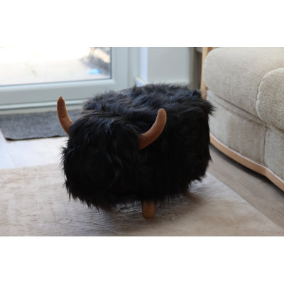 Highland Cow synthetic fur footstool with wooden legs