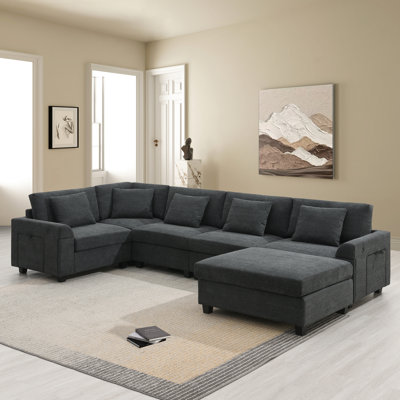 Canapé modulaire en forme de U de 128 x 67 po, ensemble de canapé en chenille 6 places avec repose-pieds surdimensionné, rangement pour accoudoirs et porte-gobelets cachés, ports de chargement USB, canapé à siège large pour le salon, appartement, 2 couleurs
