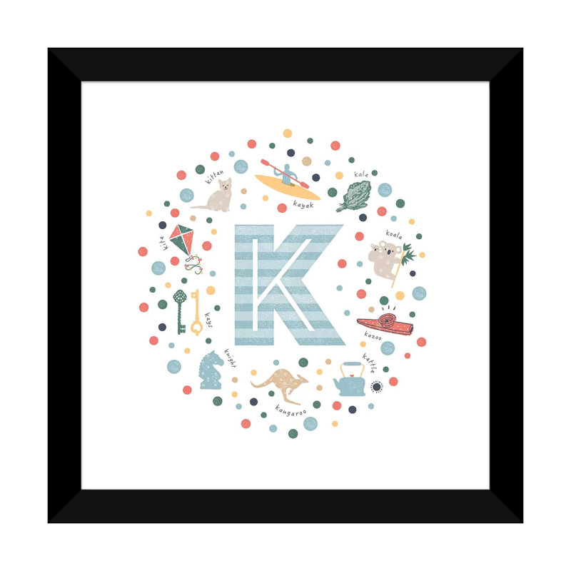 Lettre K illustrée, impression bleue, H 24 po x l 24 po x p 1 po, Papier encadré noir, Blanc