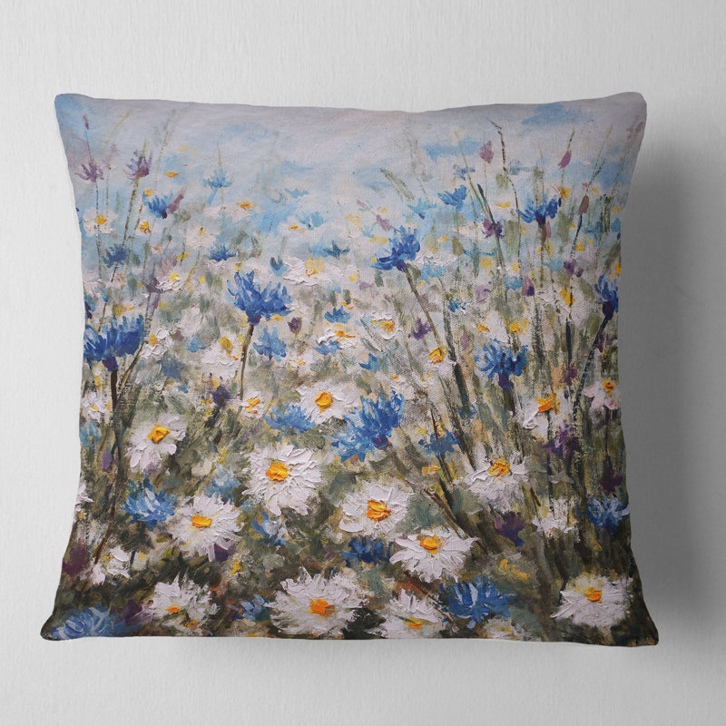 Coussin floral Glade of Cornflowers and Daisies, 16 po x 1 po, Coussin décoratif