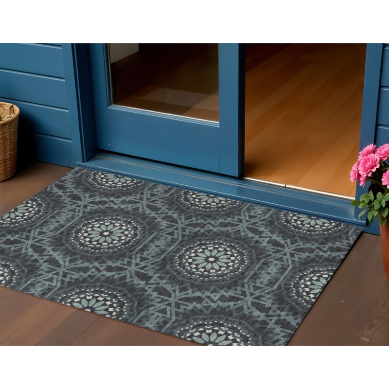 3' X 5' Charcoal Gray And Ivory Floral Medallion Washable Indoor Outdoor Area Rug