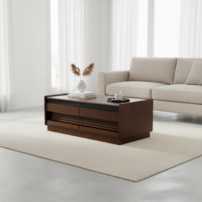 Table basse moderne moderne avec 4 tiroirs et 2 présentoirs, design rainuré en bois