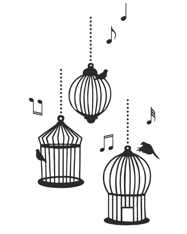 Décalcomanie murale cages d’oiseaux de chanson, Noir, H 56 po x l 33 po x P 0,01 po