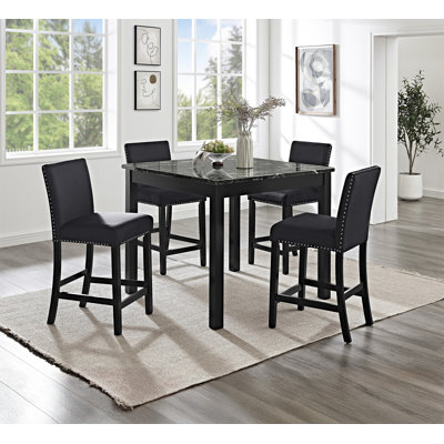 5Pc Counter Height Dining Set Square Faux Marble Table Upholstered Chairs Tufted Nail Head Wooden Leg Dining Room Furniture All Black