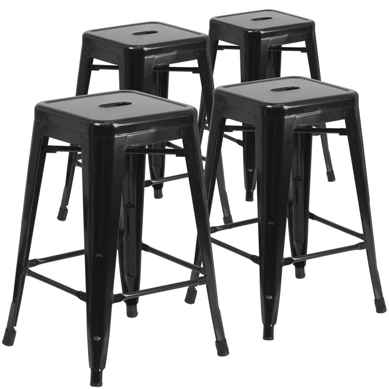Backless Metal Indoor-Outdoor Stool w/Square Seat, Black, 4, Counter Stool (26.5" Seat Height)