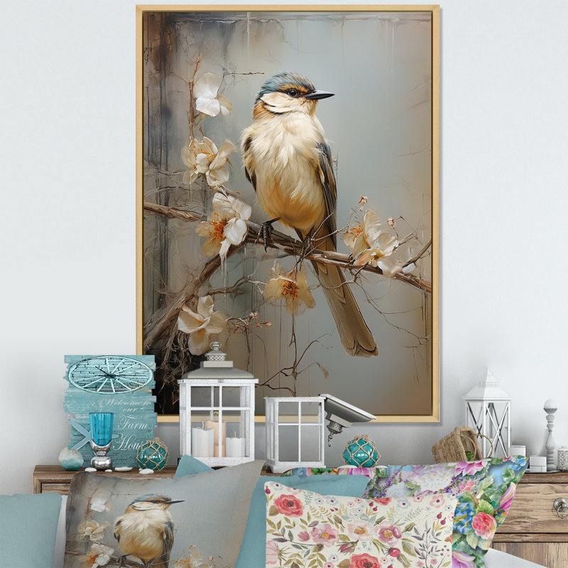 Minimalisme, oiseau beige sur une branche II, impression d'art mural, Encadrement doré, H 20 po x l 12 po
