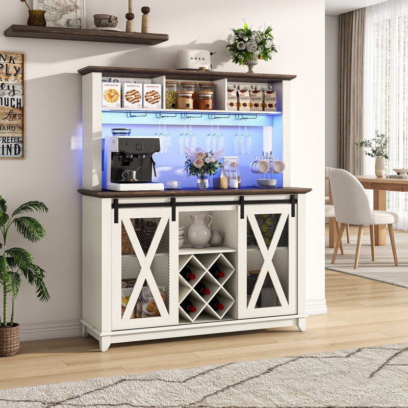 47"W Farmhouse Coffee Bar Cabinet with 3 Storage Hutch, Wine Bar Cabinet with LED Light, Kitchen Buffet Cabinet w/Sliding Barn Door & 10 Wine And Glass Racks for Kitchen Dining Room