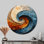 «Blue and Orange Collage Spiral», impression ronde abstraite sur métal, reproduction d'art murale ronde (sans texture)