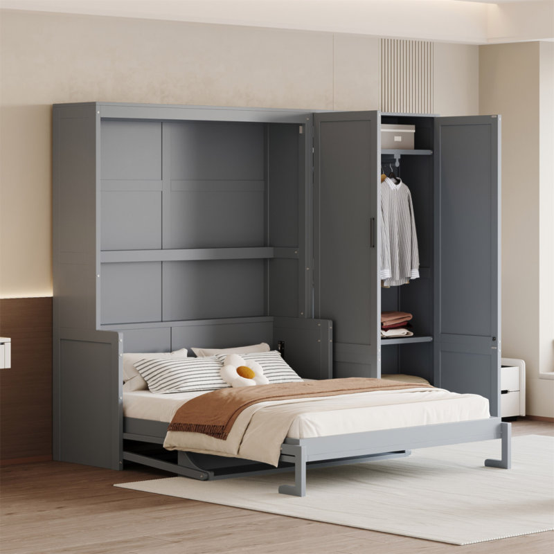 Queen Size Murphy Bed Wall Bed With Closet, Gris