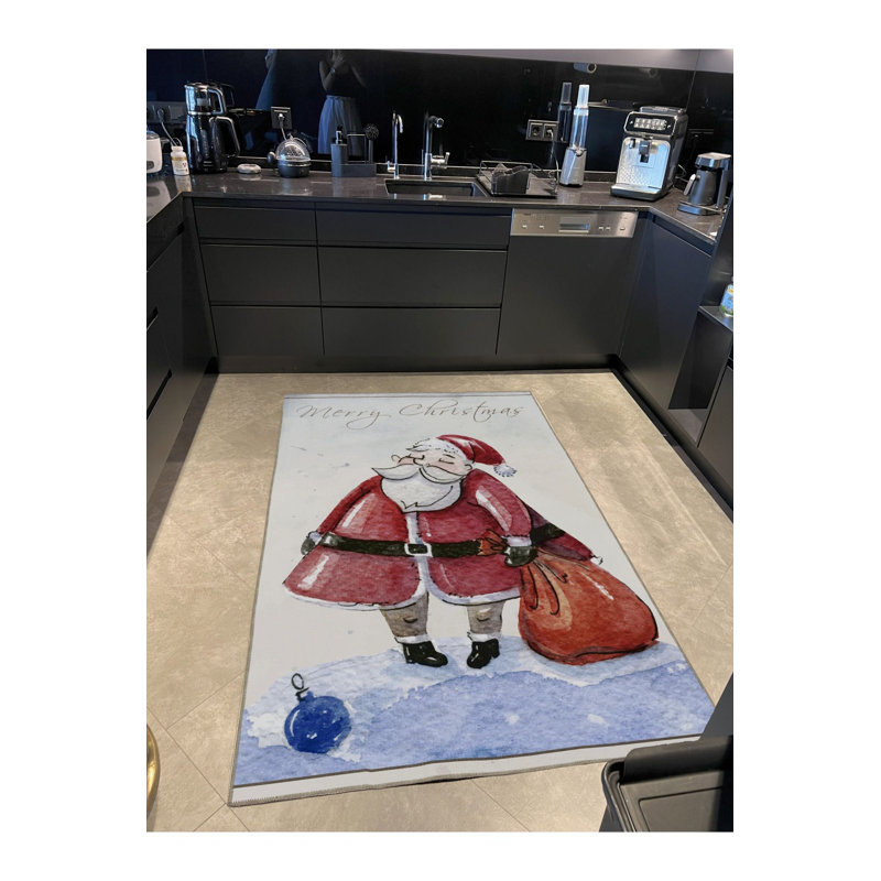 Tapis de Noël décoratif à motifs lavables à la machine bleu père Noël, Sous-tapis rectangulaire de 3 pi 3 po x 4 pi 11 po