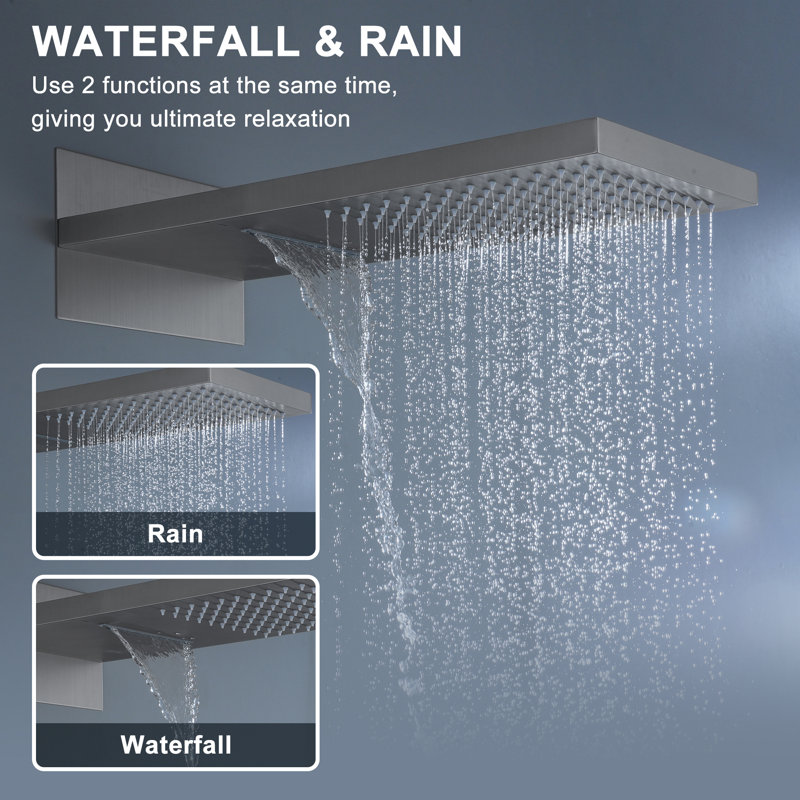 Rainier 4-Function 20 Inch Wall Mounted Rectangular Rainfall Thermostatic Shower System With 6 Body Jets, Brushed Nickel