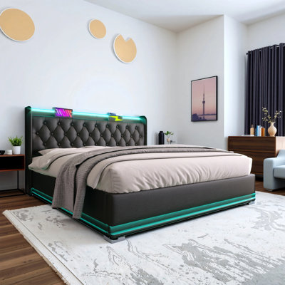 PU Upholstered bed, 360 surround LED function, Buttons/Apps/Remote Control, hydraulic storage bed with USB Type-C charging (No mattress)