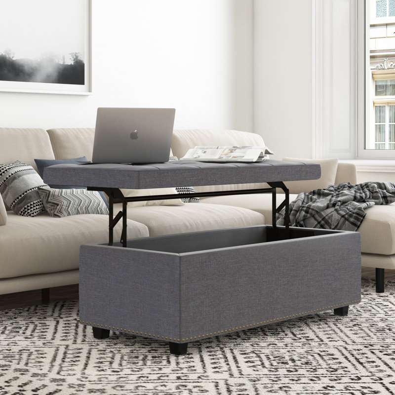 Hamilton 44"W Upholstered Lift-Top Storage Ottoman with Nailhead Trim and Tufted Detailing, Slate Gray Linen Blend