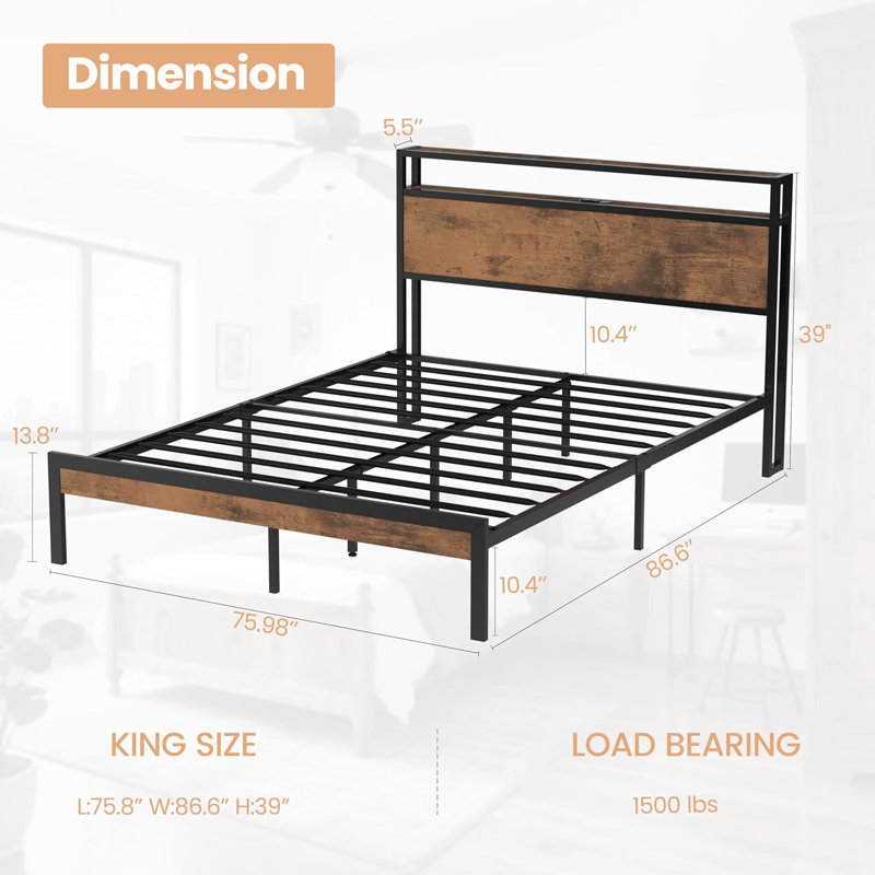 King Size Metal Bed Frame with Headboard with LED Lights & Charging Station,w/Solid 11 Bed Legs, No Box Spring Needed, King
