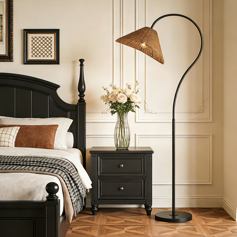 65” Arched Dimmable Rattan Floor Lamp, Black