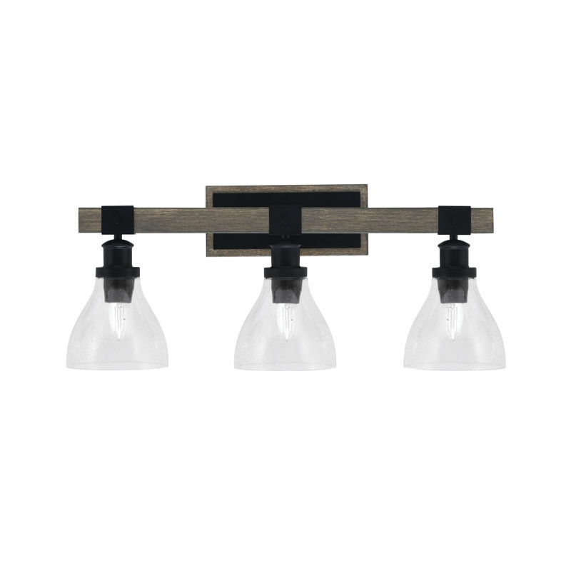 Barre d'éclairage de salle de bain 3 lumières Bitner en noir mat et fini en métal d'aspect bois patiné peint avec verre transparent 6,25 po