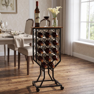 Freestanding Wine Rack with Wooden Tabletop & Glass Holder – Mobile Metal Wine Storage Stand with 4 Lockable Casters for Kitchen, Home Bar, Dining Roo by Prep & Savour
