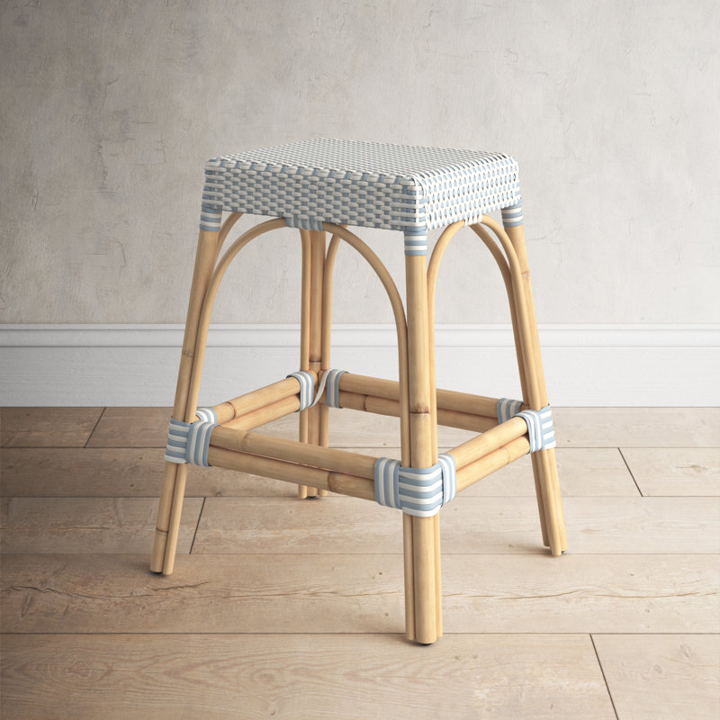 Lennart Counter/Bar Stool, White/Sky Blue Dot / Natural Rattan Frame, Bar Stool (30" Seat Height)