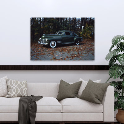 1940S 1941 Cadillac Model 61 Coupe Green Antique Car On Road Covered With Autumn Leaves White Side Wall Tires Classic Retro Vintage Autumn Landscap...