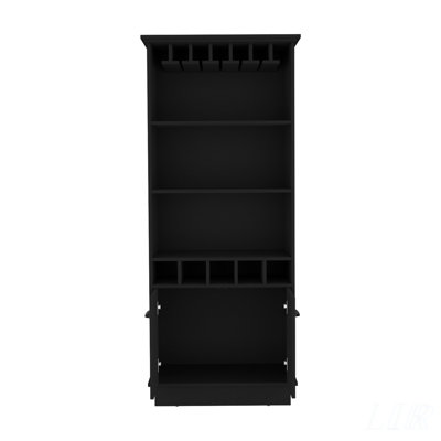 Dundee 70-Inch High 10-Glass Bar Cabinet with 5 Cubbies and 3 Open Shelves, Ideal for Organizing and Displaying Decorative Items
