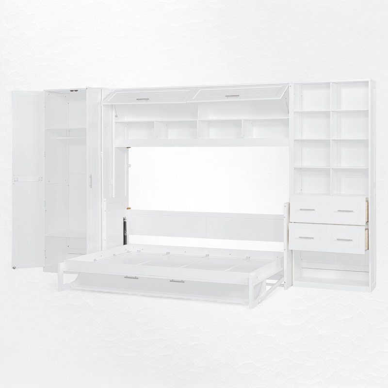 Lit escamotable double avec garde-robe, tiroirs et tablettes