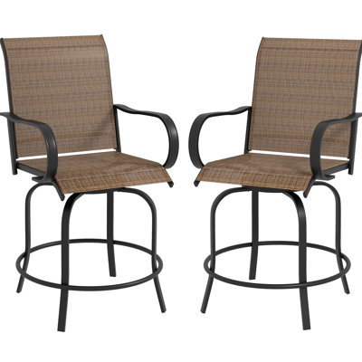 Tabourets de bar en bord de piscine brun clair, 2 chaises pivotantes à 360 ° avec structure en acier et tissu à mailles élevées pour patio, balcon, tabourets de salle à manger d'extérieur, filet d'accoudoirs, bord de piscine, cour arrière